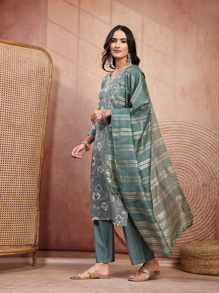Elegant Olive Cotton Straight Kurta Palazzo Set with Embroidery & V-Neck