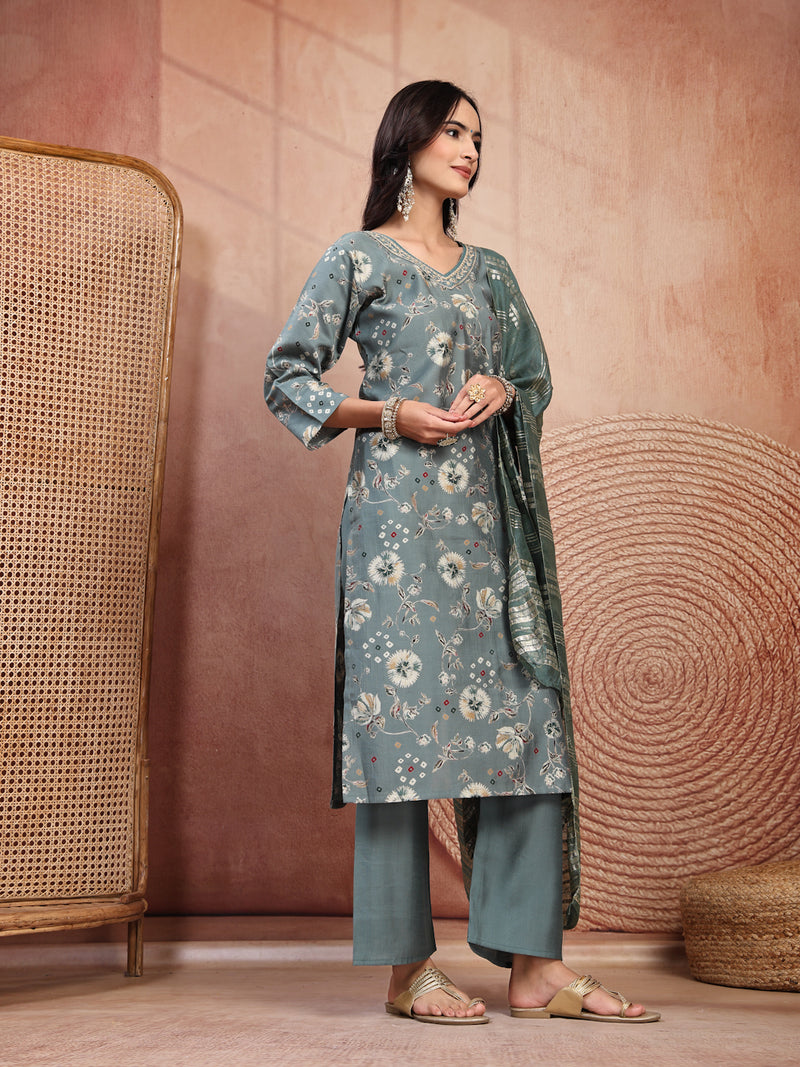 Elegant Olive Cotton Straight Kurta Palazzo Set with Embroidery & V-Neck