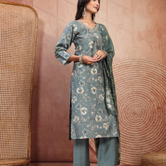 Elegant Olive Cotton Straight Kurta Palazzo Set with Embroidery & V-Neck