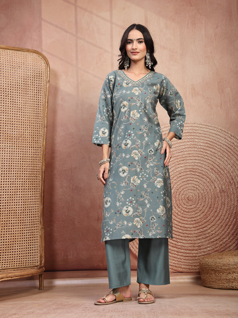 Elegant Olive Cotton Straight Kurta Palazzo Set with Embroidery & V-Neck
