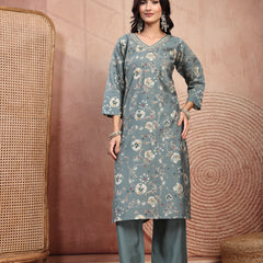 Elegant Olive Cotton Straight Kurta Palazzo Set with Embroidery & V-Neck