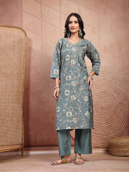 Elegant Olive Cotton Straight Kurta Palazzo Set with Embroidery & V-Neck