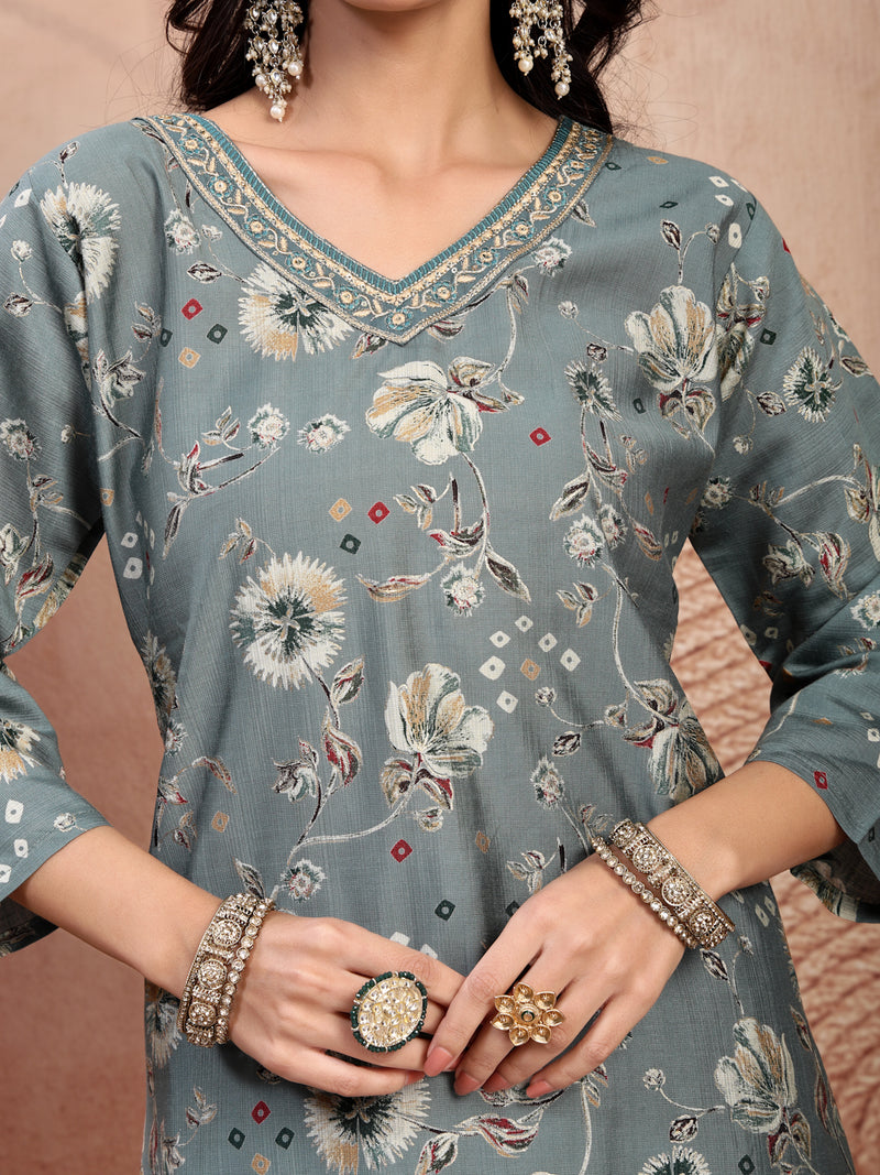 Elegant Olive Cotton Straight Kurta Palazzo Set with Embroidery & V-Neck