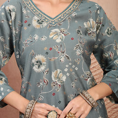 Elegant Olive Cotton Straight Kurta Palazzo Set with Embroidery & V-Neck
