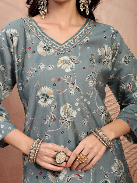 Elegant Olive Cotton Straight Kurta Palazzo Set with Embroidery & V-Neck