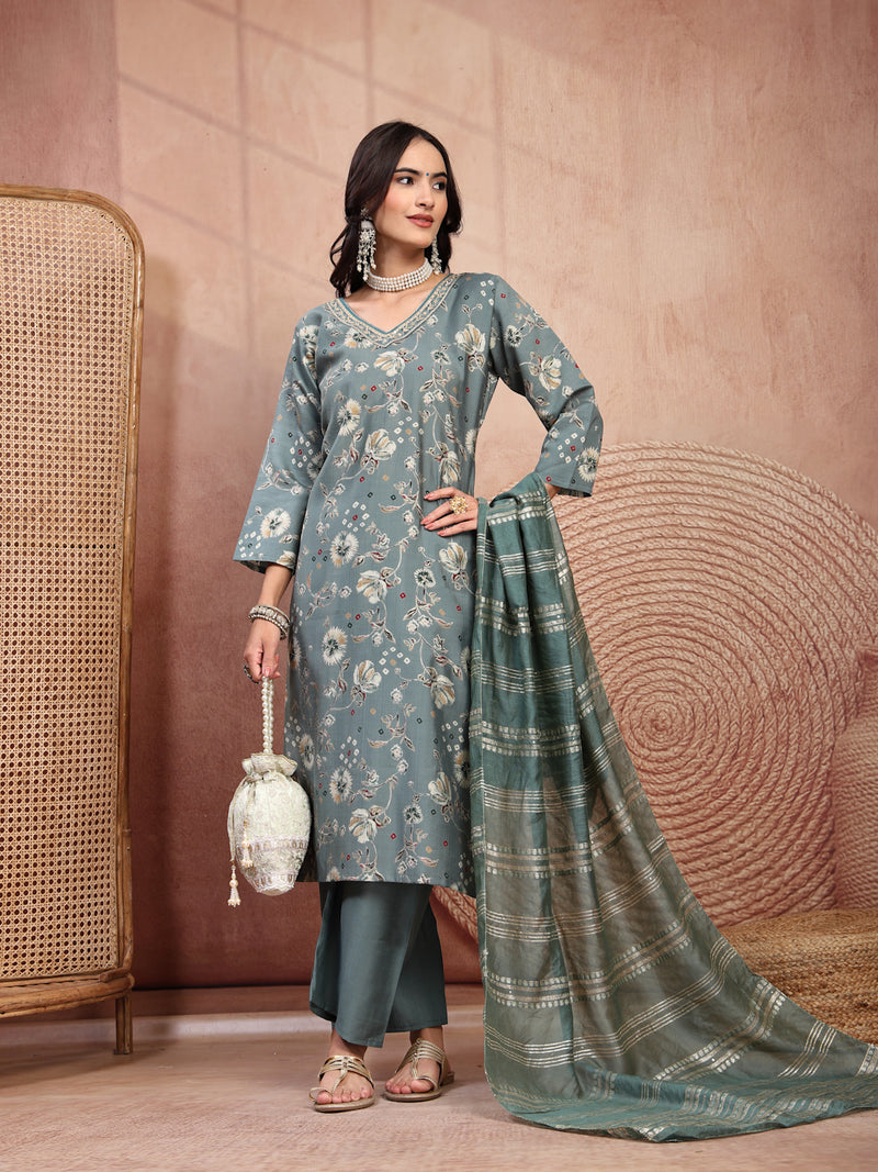 Elegant Olive Cotton Straight Kurta Palazzo Set with Embroidery & V-Neck