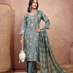 Elegant Olive Cotton Straight Kurta Palazzo Set with Embroidery & V-Neck