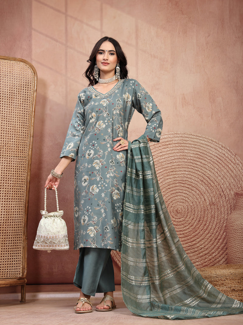 Elegant Olive Cotton Straight Kurta Palazzo Set with Embroidery & V-Neck