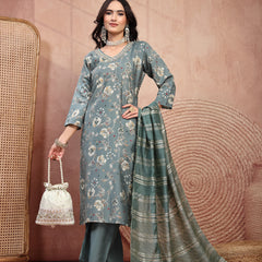 Elegant Olive Cotton Straight Kurta Palazzo Set with Embroidery & V-Neck