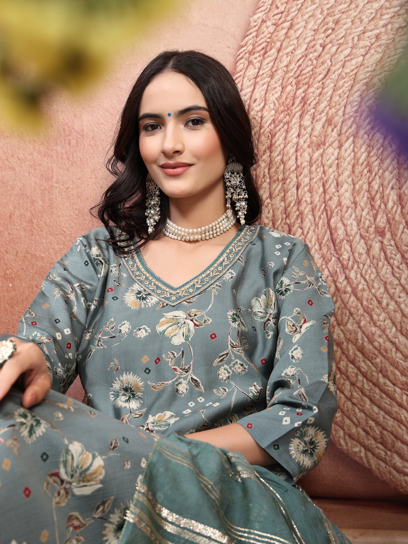 Elegant Olive Cotton Straight Kurta Palazzo Set with Embroidery & V-Neck