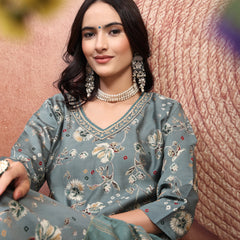 Elegant Olive Cotton Straight Kurta Palazzo Set with Embroidery & V-Neck