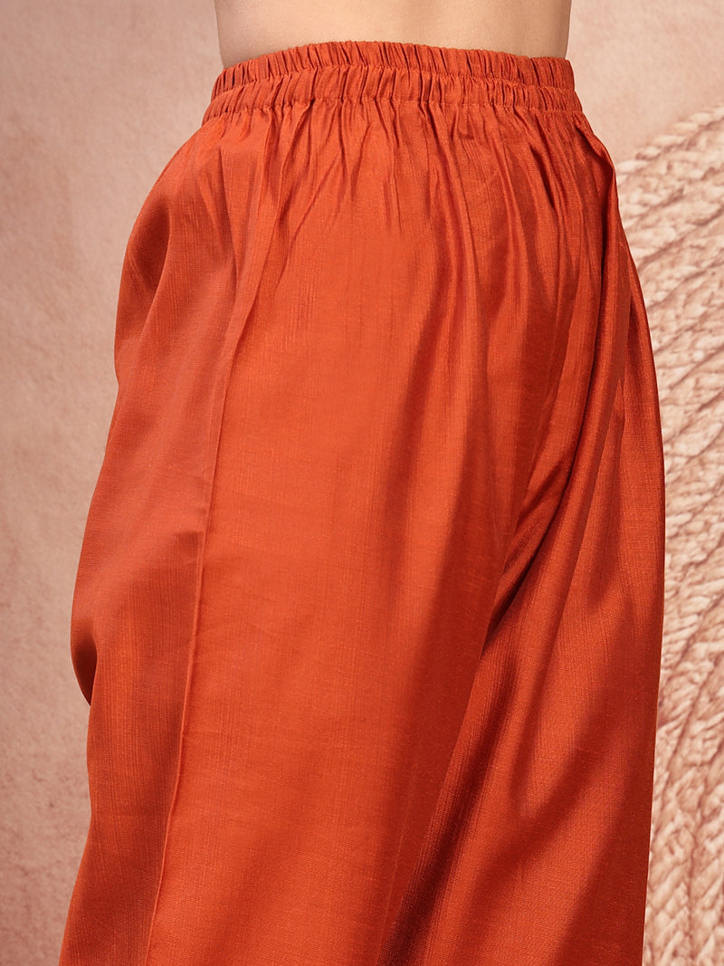Elegant Rust Cotton Straight Kurta Palazzo Set with Embroidery & V-Neck