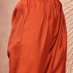 Elegant Rust Cotton Straight Kurta Palazzo Set with Embroidery & V-Neck