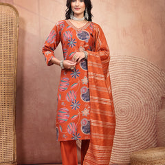 Elegant Rust Cotton Straight Kurta Palazzo Set with Embroidery & V-Neck