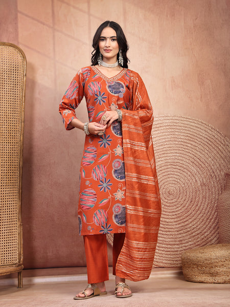 Elegant Rust Cotton Straight Kurta Palazzo Set with Embroidery & V-Neck