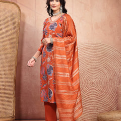 Elegant Rust Cotton Straight Kurta Palazzo Set with Embroidery & V-Neck