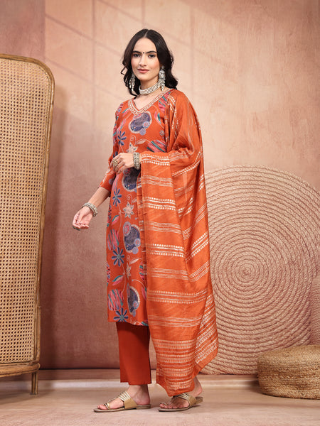 Elegant Rust Cotton Straight Kurta Palazzo Set with Embroidery & V-Neck