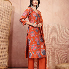 Elegant Rust Cotton Straight Kurta Palazzo Set with Embroidery & V-Neck