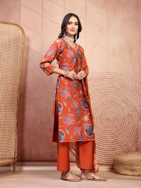 Elegant Rust Cotton Straight Kurta Palazzo Set with Embroidery & V-Neck