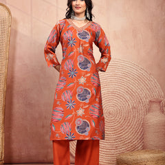 Elegant Rust Cotton Straight Kurta Palazzo Set with Embroidery & V-Neck