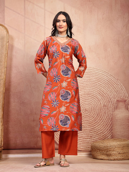 Elegant Rust Cotton Straight Kurta Palazzo Set with Embroidery & V-Neck