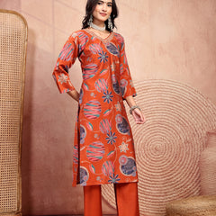 Elegant Rust Cotton Straight Kurta Palazzo Set with Embroidery & V-Neck