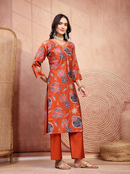 Elegant Rust Cotton Straight Kurta Palazzo Set with Embroidery & V-Neck