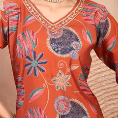 Elegant Rust Cotton Straight Kurta Palazzo Set with Embroidery & V-Neck