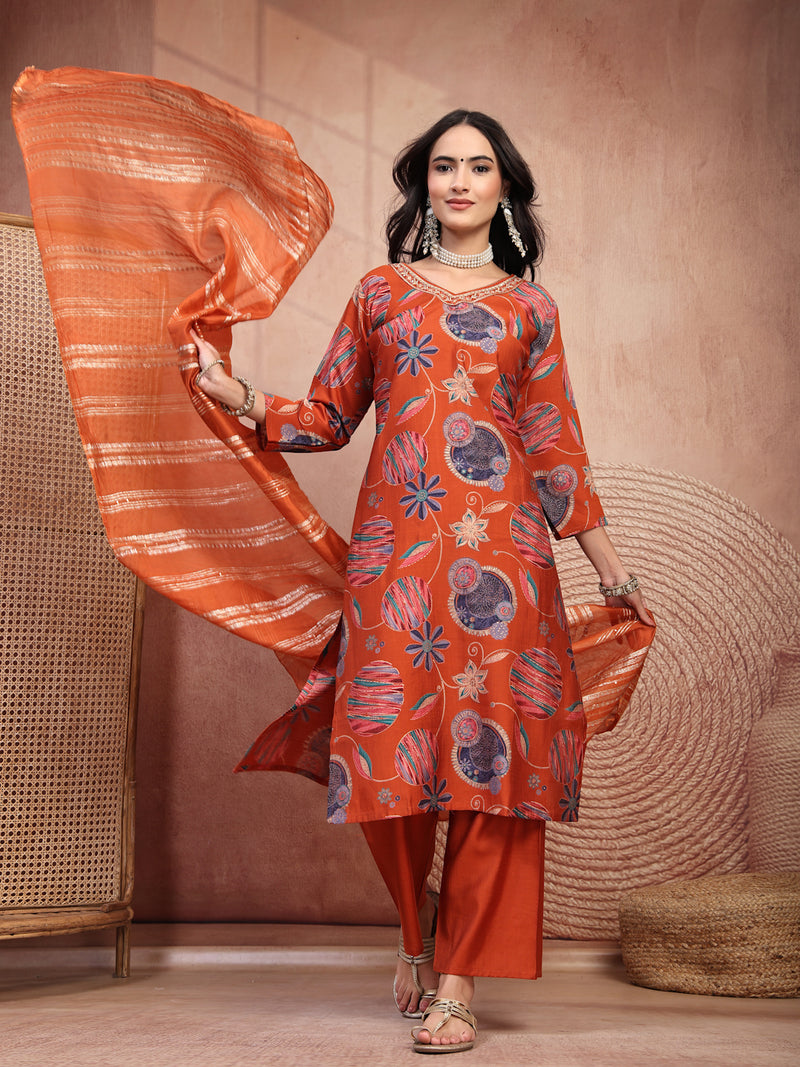 Elegant Rust Cotton Straight Kurta Palazzo Set with Embroidery & V-Neck