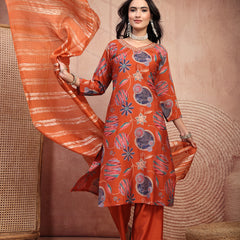 Elegant Rust Cotton Straight Kurta Palazzo Set with Embroidery & V-Neck