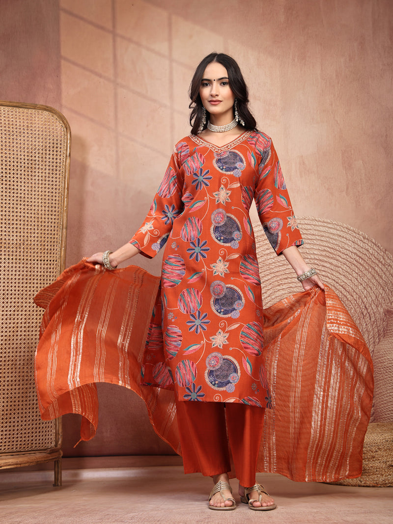 Elegant Rust Cotton Straight Kurta Palazzo Set with Embroidery & V-Neck
