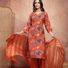 Elegant Rust Cotton Straight Kurta Palazzo Set with Embroidery & V-Neck