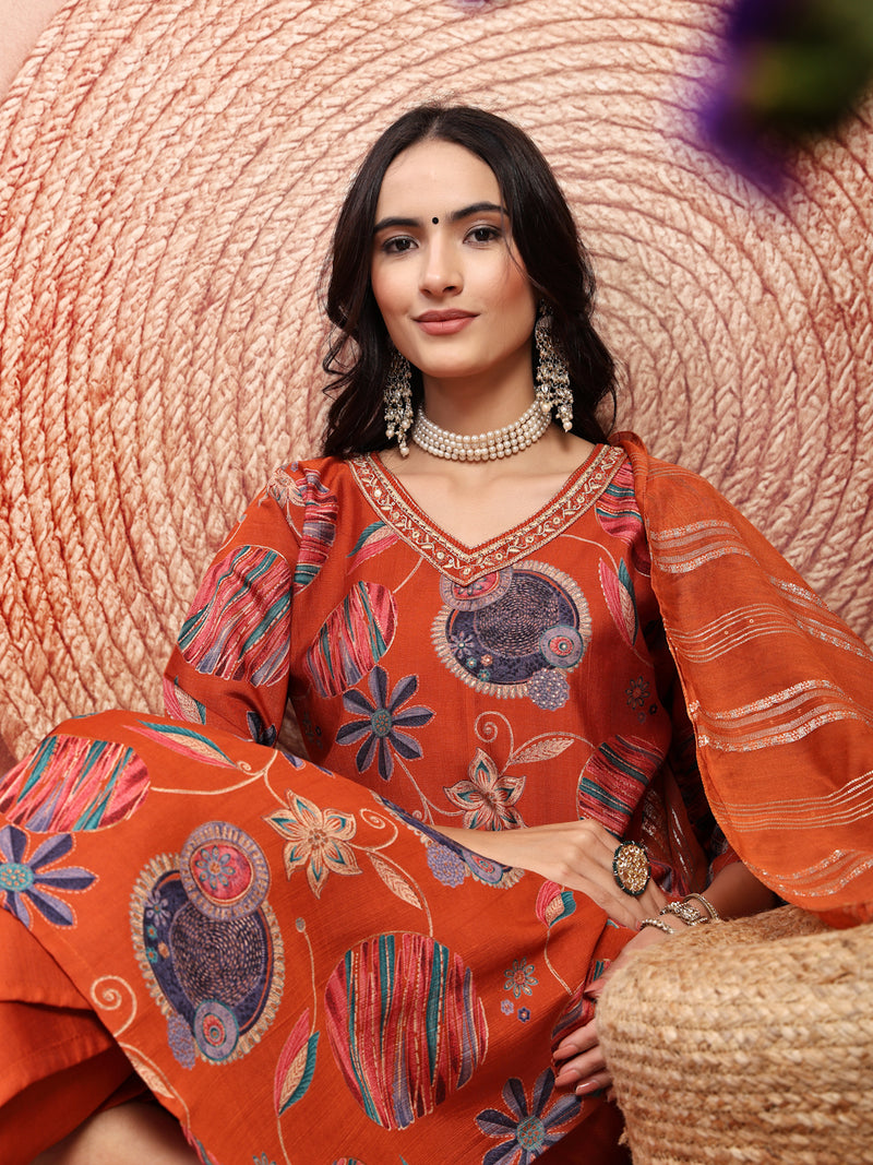 Elegant Rust Cotton Straight Kurta Palazzo Set with Embroidery & V-Neck