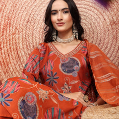 Elegant Rust Cotton Straight Kurta Palazzo Set with Embroidery & V-Neck