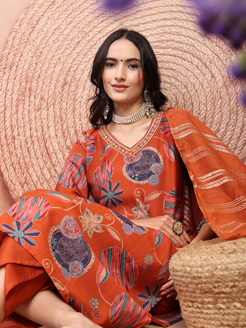 Elegant Rust Cotton Straight Kurta Palazzo Set with Embroidery & V-Neck