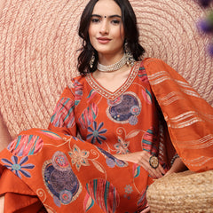Elegant Rust Cotton Straight Kurta Palazzo Set with Embroidery & V-Neck