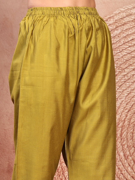 Fresh Green Cotton Straight Kurta Palazzo Set with Embroidery & V-Neck
