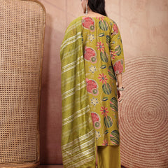 Fresh Green Cotton Straight Kurta Palazzo Set with Embroidery & V-Neck
