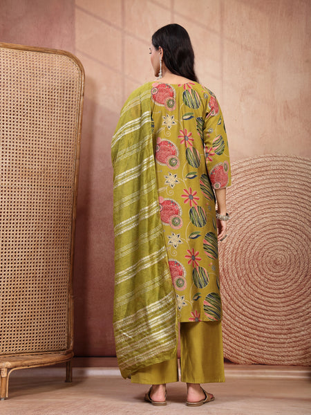 Fresh Green Cotton Straight Kurta Palazzo Set with Embroidery & V-Neck