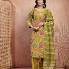 Fresh Green Cotton Straight Kurta Palazzo Set with Embroidery & V-Neck