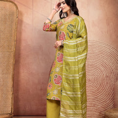 Fresh Green Cotton Straight Kurta Palazzo Set with Embroidery & V-Neck