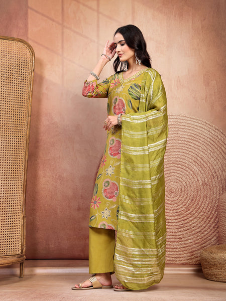 Fresh Green Cotton Straight Kurta Palazzo Set with Embroidery & V-Neck