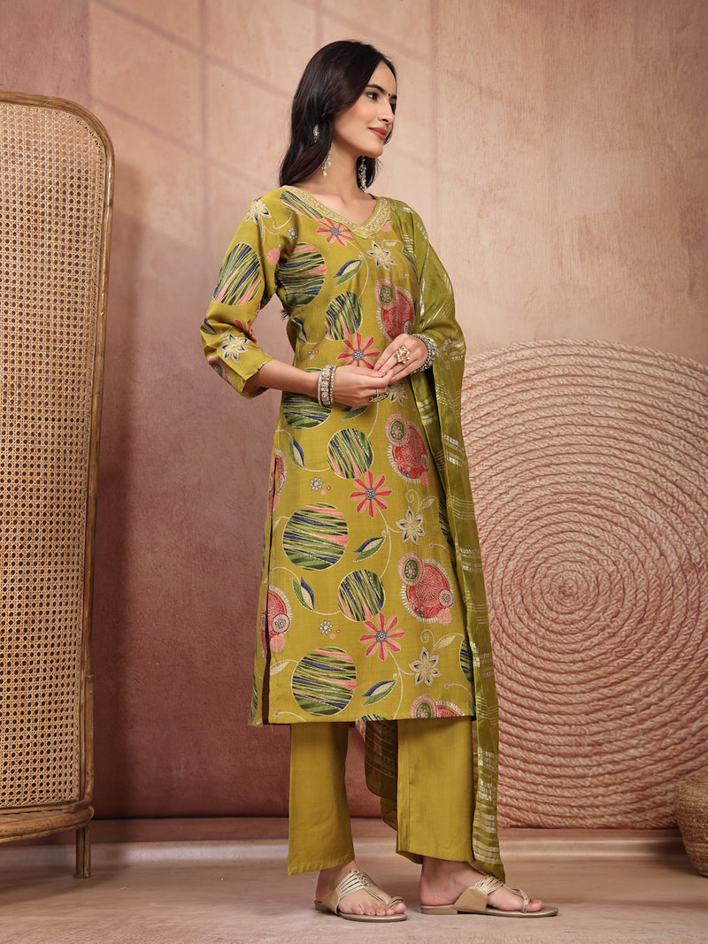 Fresh Green Cotton Straight Kurta Palazzo Set with Embroidery & V-Neck