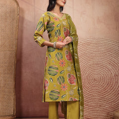 Fresh Green Cotton Straight Kurta Palazzo Set with Embroidery & V-Neck