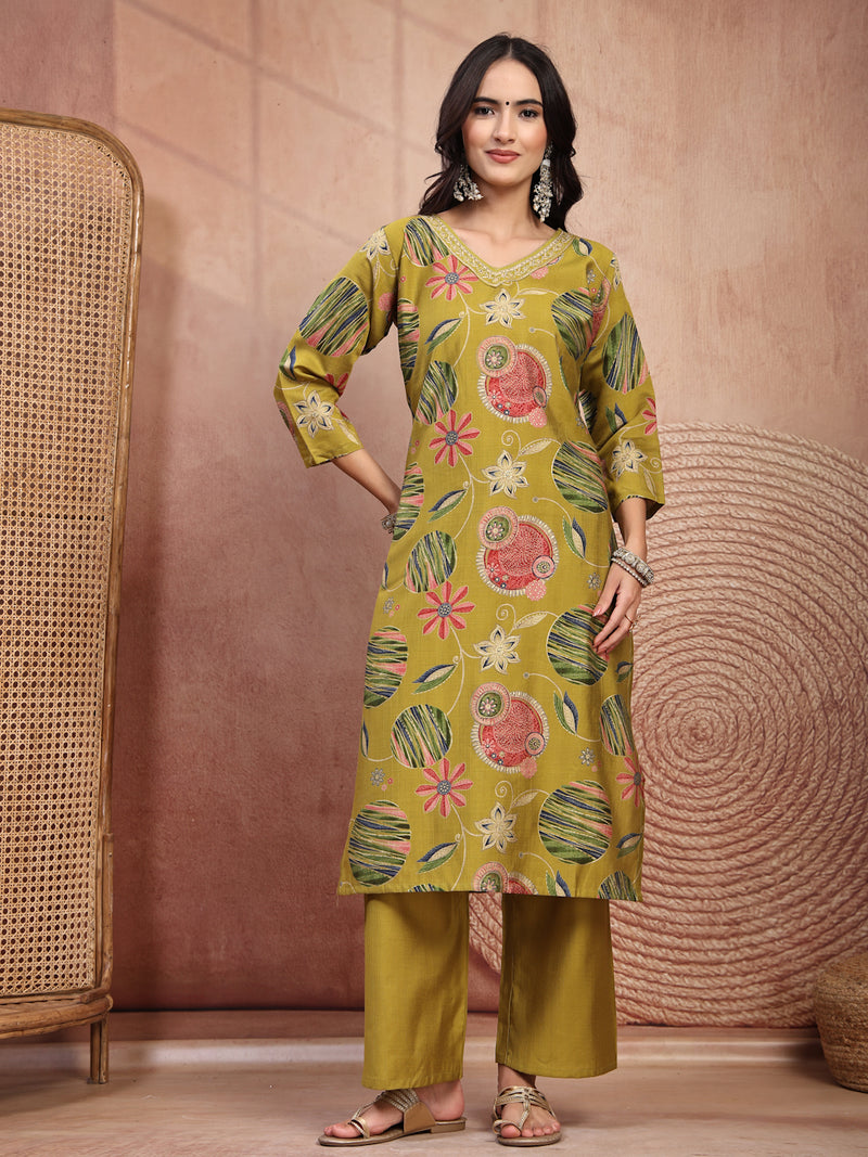 Fresh Green Cotton Straight Kurta Palazzo Set with Embroidery & V-Neck