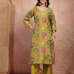 Fresh Green Cotton Straight Kurta Palazzo Set with Embroidery & V-Neck
