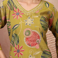 Fresh Green Cotton Straight Kurta Palazzo Set with Embroidery & V-Neck
