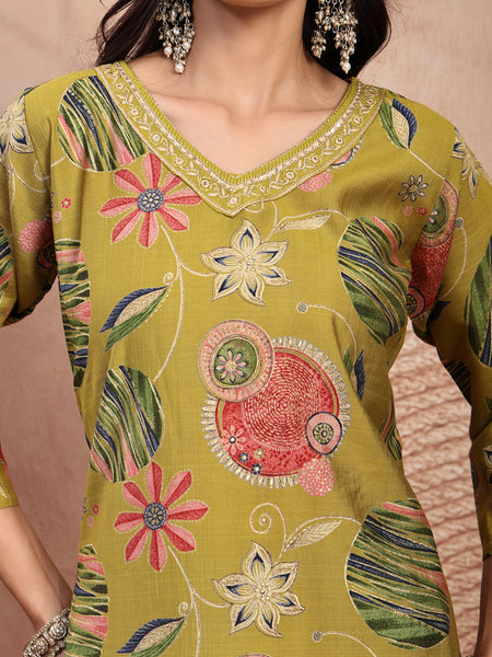 Fresh Green Cotton Straight Kurta Palazzo Set with Embroidery & V-Neck