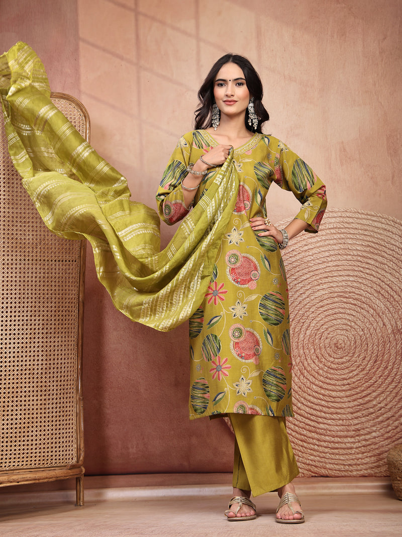 Fresh Green Cotton Straight Kurta Palazzo Set with Embroidery & V-Neck