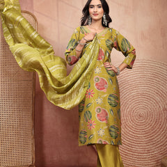 Fresh Green Cotton Straight Kurta Palazzo Set with Embroidery & V-Neck